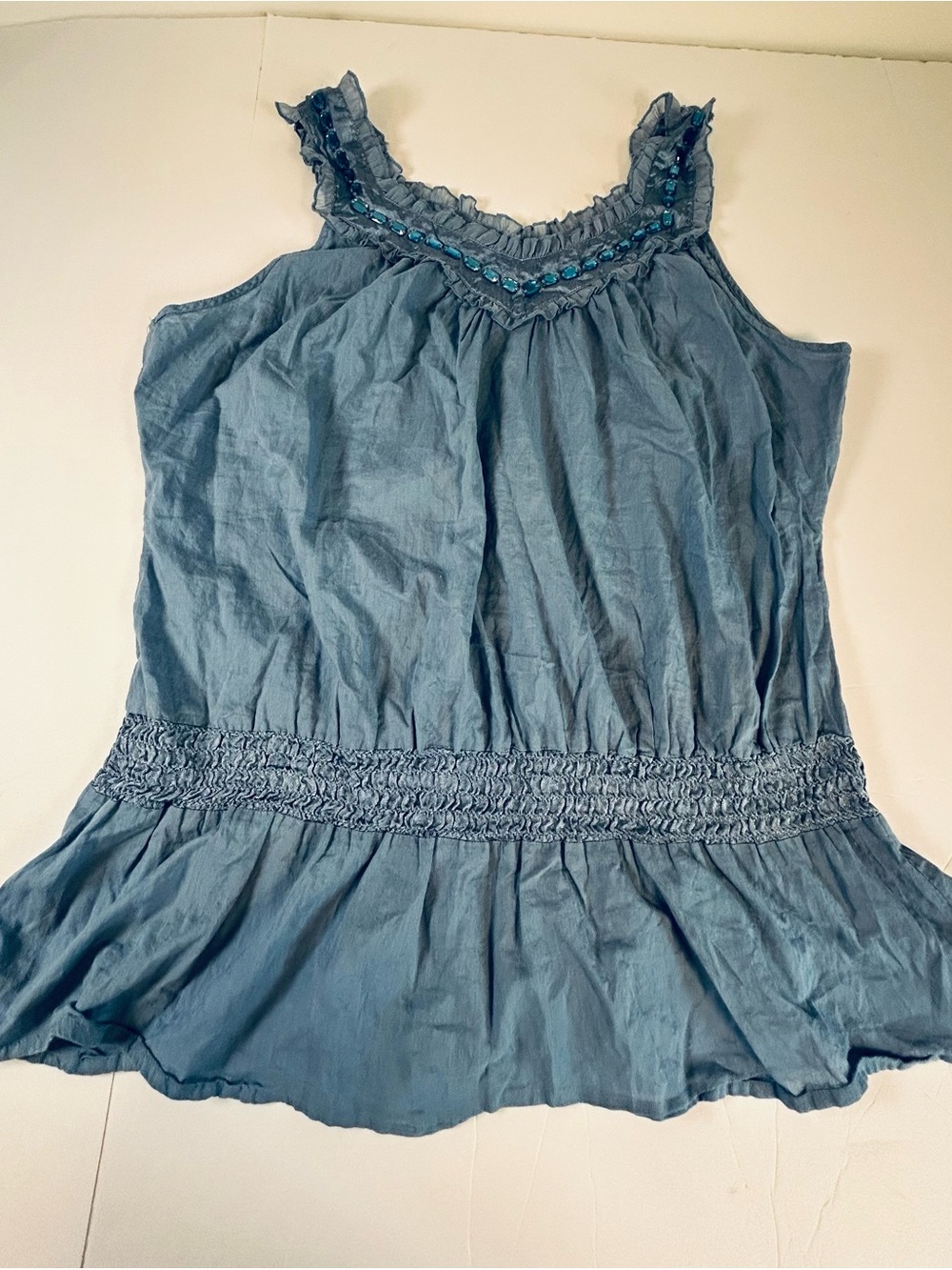Marianne Slate Blue Ruffled Beaded Neck Tank